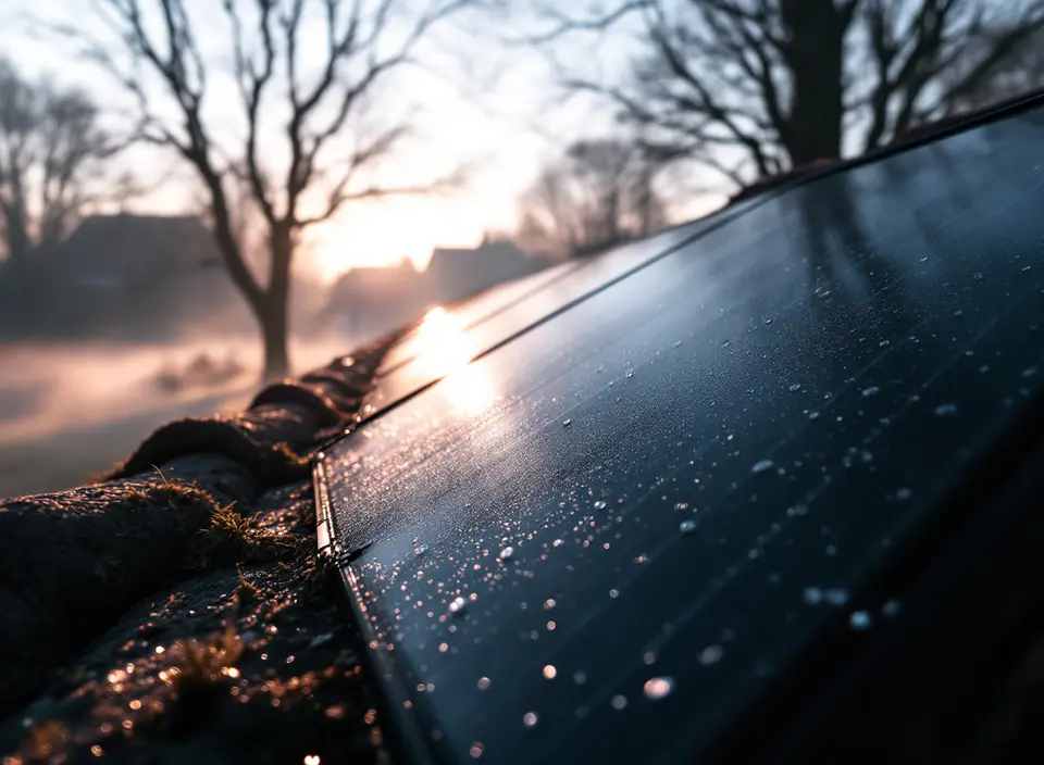 Dauwdruppels op het glas van zonnepanelen op een schuurdak in de ochtendmist, met kale bomen en de opkomende zon