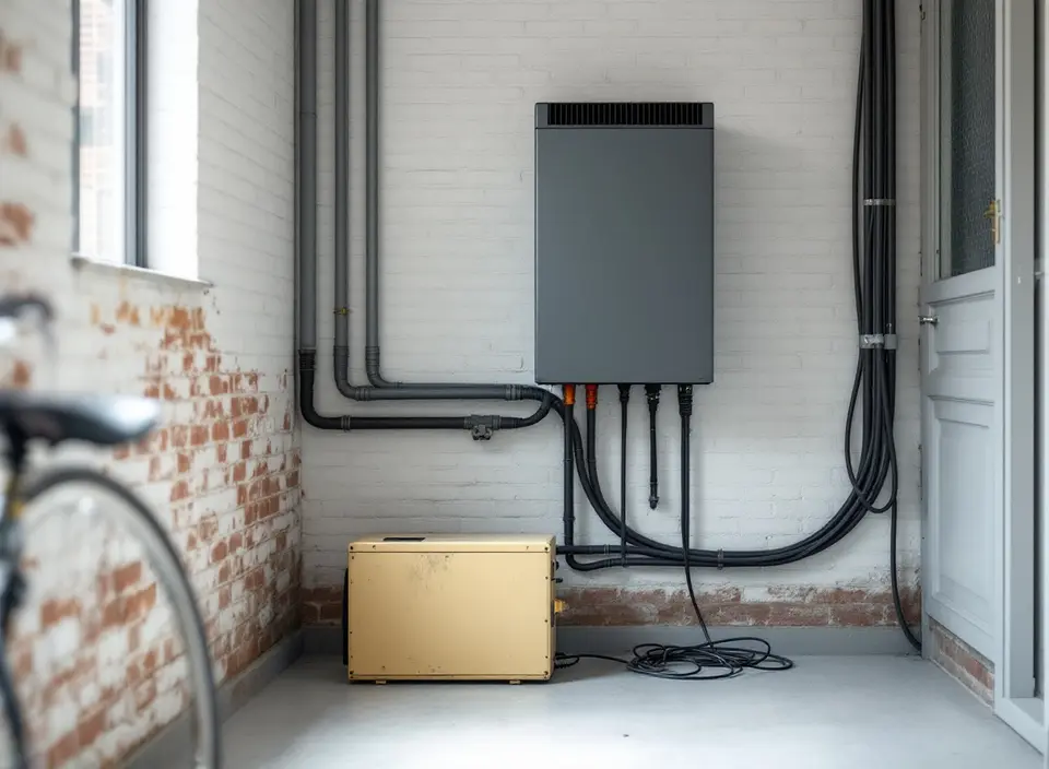 Een nieuwe donkergrijze omvormer aan een witte garagemuur met kabels in grijze buizen, en op de vloer eronder een oude, vergeelde kast